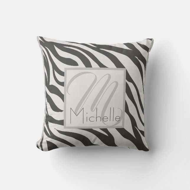 Custom Monogram White and Dark Gray Zebra Stripes Throw Pillow (Front)