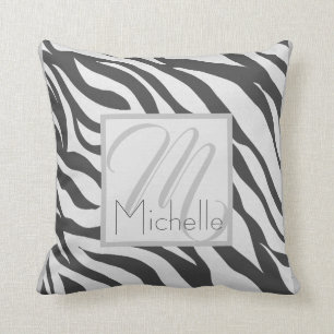 Custom Monogram White and Dark Gray Zebra Stripes Throw Pillow