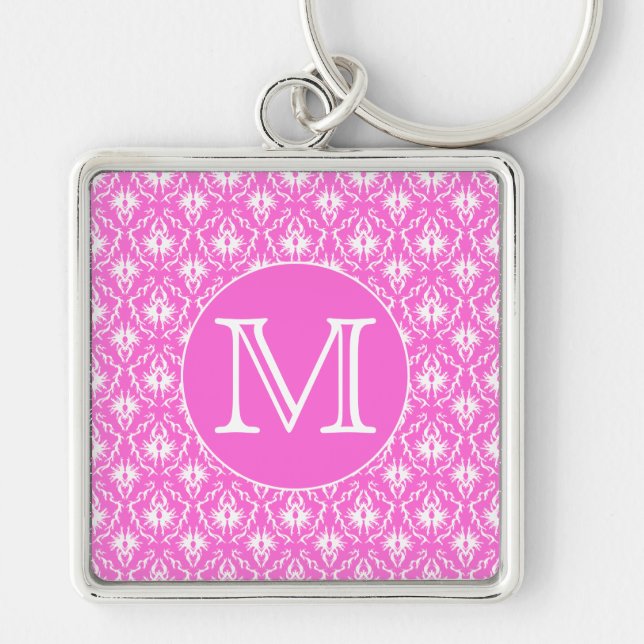 Custom Monogram. White and Pink Damask Pattern. Keychain (Front)