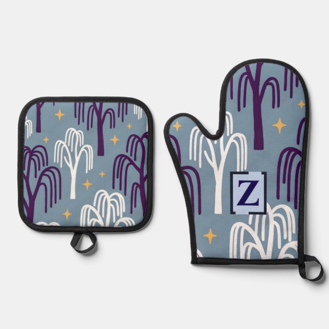Custom Monogram Willow Tree Pattern Blue  Oven Mitt & Pot Holder Set (Front)