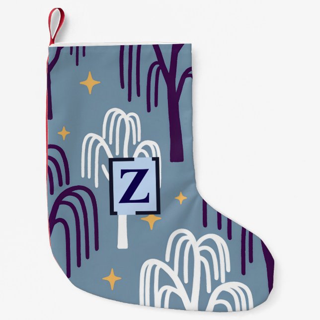 Custom Monogram Willow Tree Pattern Blue Small  Christmas Stocking (Front)