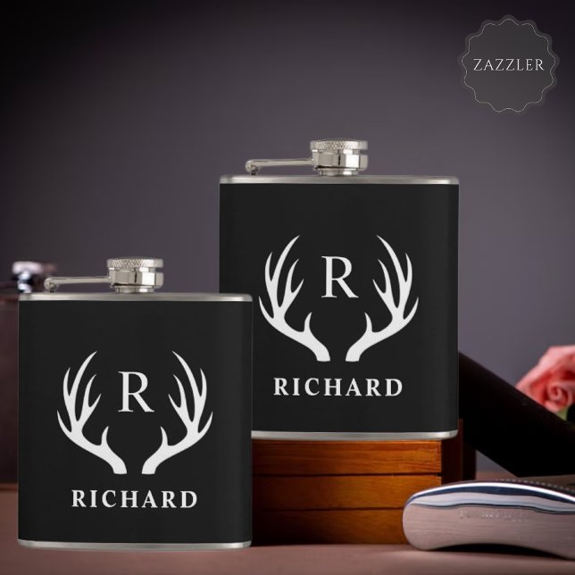 Custom Monogram with Black White Deer Antler Hip Flask (Custom Monogram with Black White Deer Antler Flask)