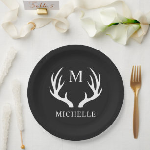 Custom Monogram with Black White Deer Antler Paper Plate