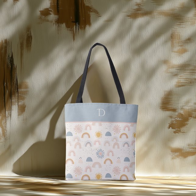Custom Monogram with Pastel Rainbow & Sun Minimal Tote Bag (Creator Uploaded)