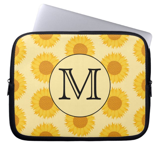 Custom Monogram, with Yellow Sunflowers. Laptop Sleeve (Front)