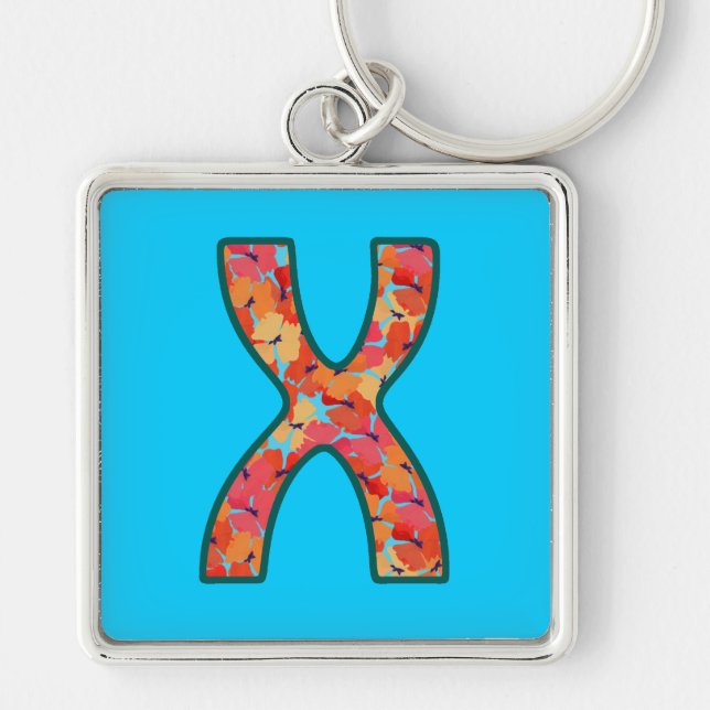 Custom Monogram X Keychain, Ditsy Floral Pattern Keychain (Front)