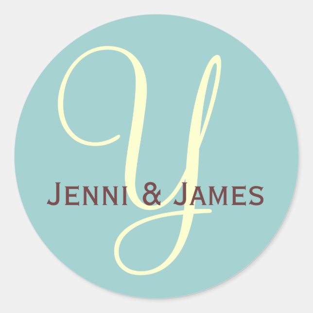 Custom Monogram Y Cream & Blue Wedding Sticker (Front)