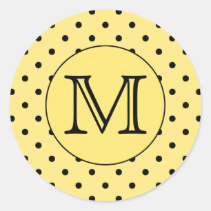 Custom Monogram Yellow and Black Polka Dot Pattern Classic Round Sticker
