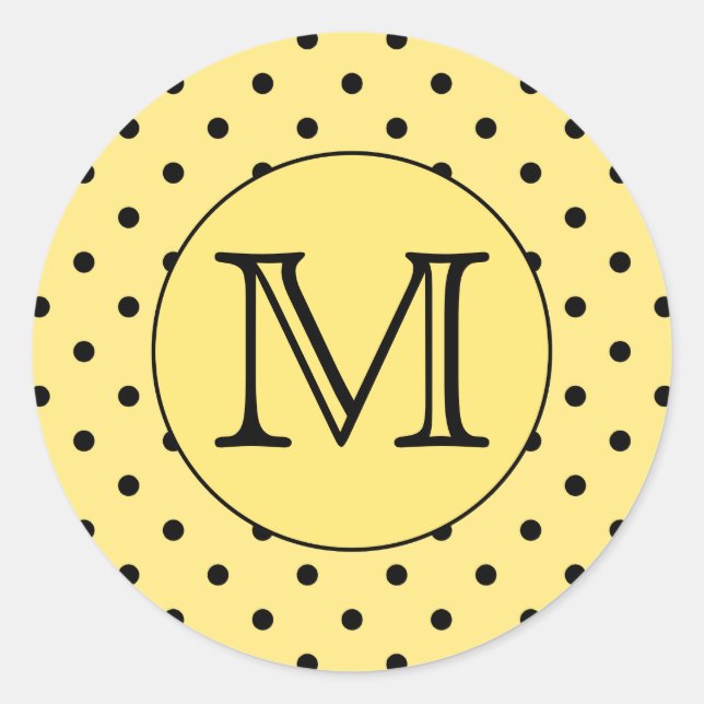 Custom Monogram Yellow and Black Polka Dot Pattern Classic Round Sticker (Front)
