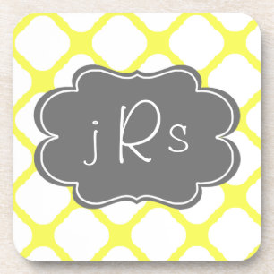 Custom Monogram Yellow and White Art Deco Pattern Coaster