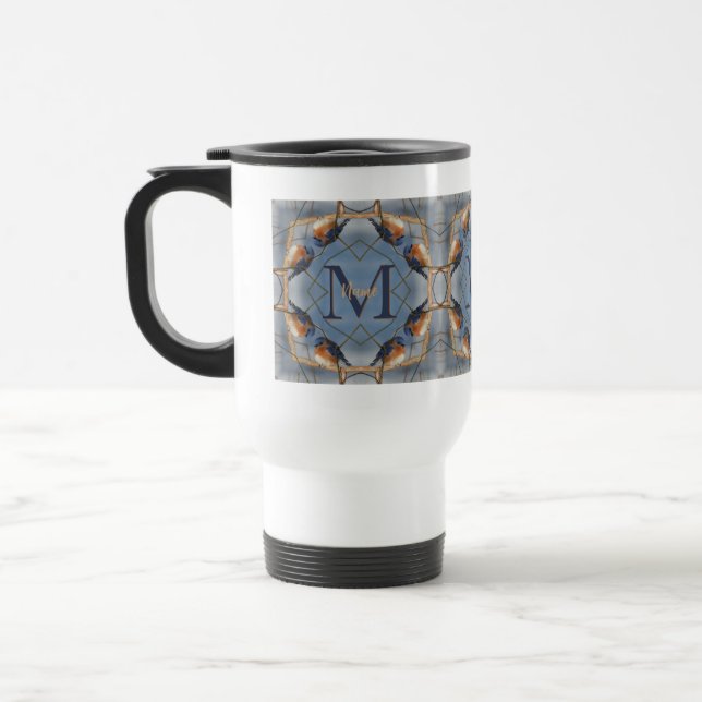 Custom Monogram Your Initial Bluebird Nature Art Travel Mug (Left)