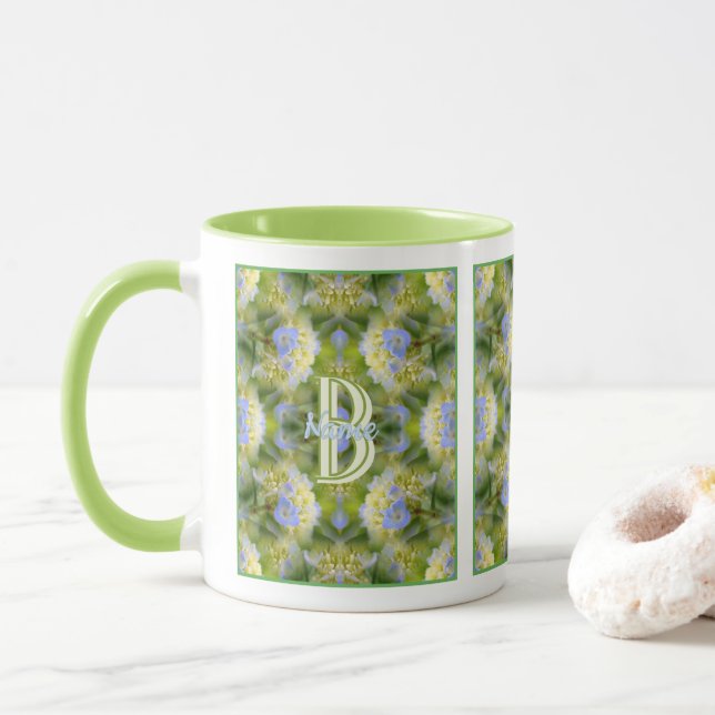 Custom Monogram Your Initial Name Hydrangea Flower Mug (With Donut)