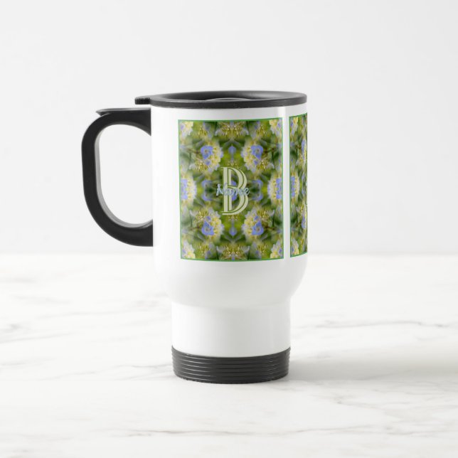 Custom Monogram Your Initial Name Hydrangea Flower Travel Mug (Left)