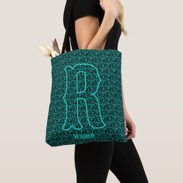 Custom Monogram Your Initial Name Turquoise Tote Bag (Close Up)
