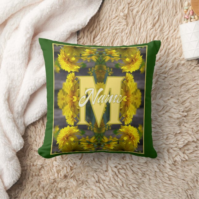 Custom Monogram Your Initial Name Yellow Flowers Throw Pillow (Blanket)