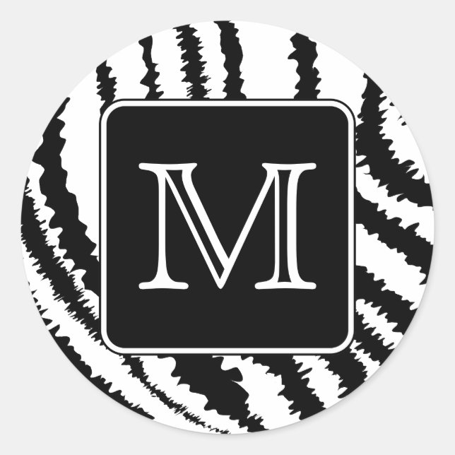 Custom Monogram, Zebra Pattern Animal Print. Classic Round Sticker (Front)
