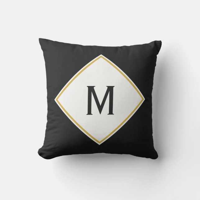 Custom Monogrammed Black White and Gold Outdoor Pillow (Front)
