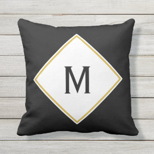 Custom Monogrammed Black White and Gold Outdoor Pillow