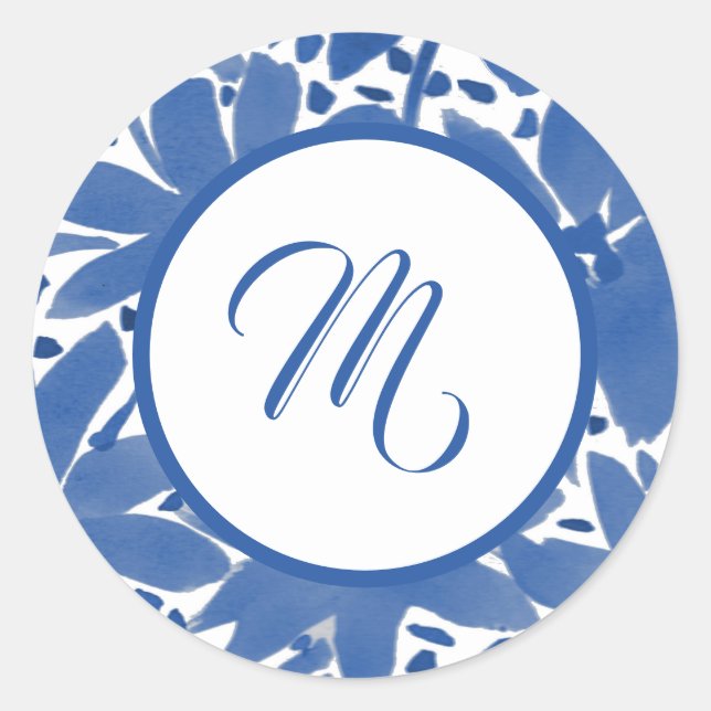 Custom Monogrammed Blue Initial Classic Round Sticker (Front)