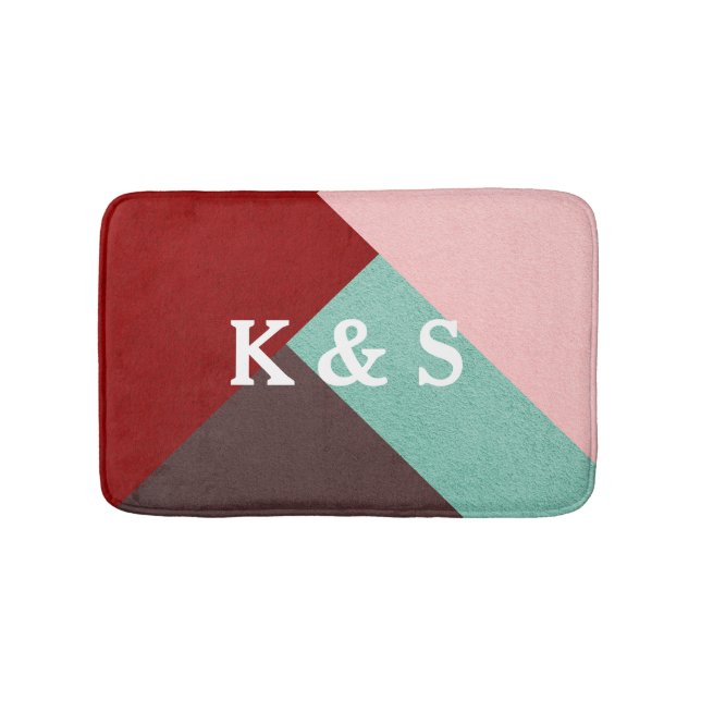 Custom Monogrammed Brown Pink Red & Green Abstract Bath Mat (Front)