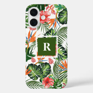 Custom Monogrammed Chic Tropical Pattern Greenery iPhone 16 Case