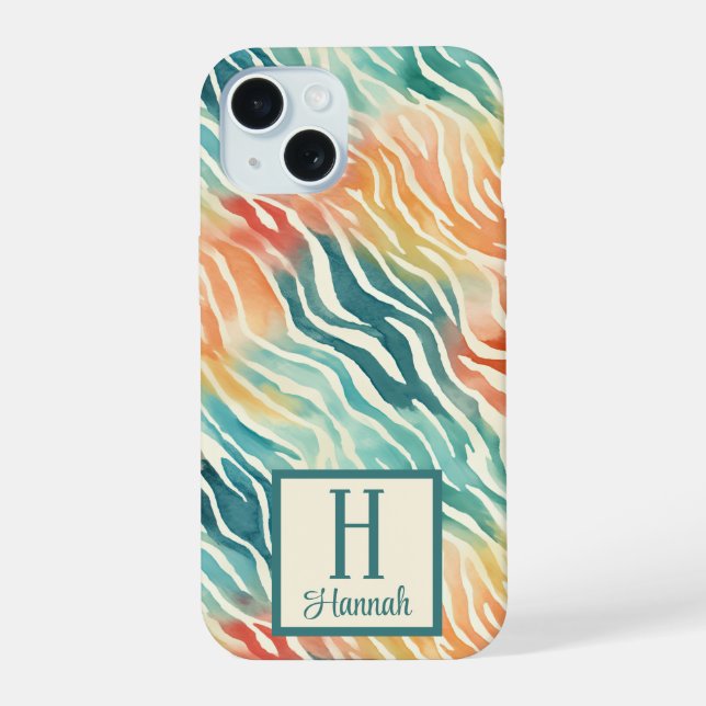 Custom Monogrammed Colourful Watercolor Patterned iPhone 15 Case (Back)