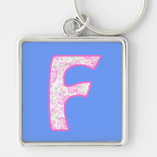 Custom Monogrammed F Keychain, Pink Roses Pattern Keychain (Front)