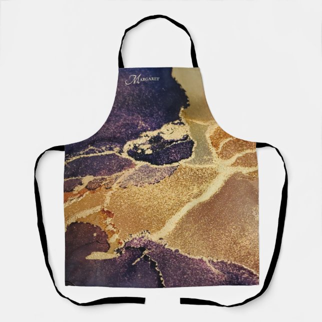 Custom Monogrammed Gold Purple Abstract Art Apron (Front)