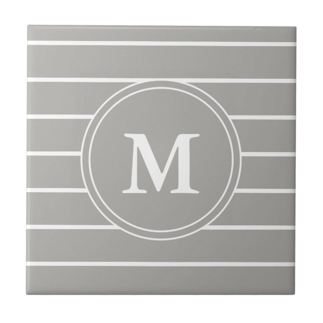 Custom Monogrammed Grey and White Stripes Tile (Front)