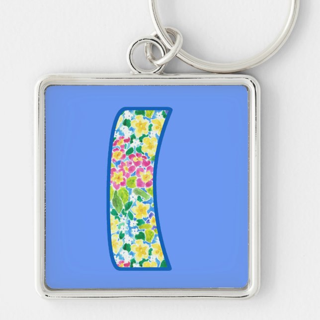 Custom Monogrammed I Keychain, Primroses Pattern Keychain (Front)