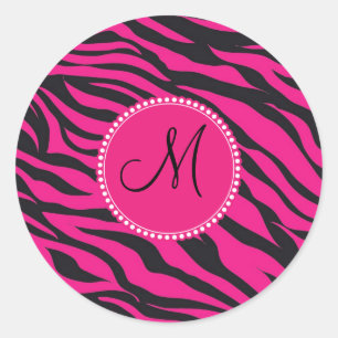 Custom Monogrammed Initial Hot Pink Black Zebra Classic Round Sticker