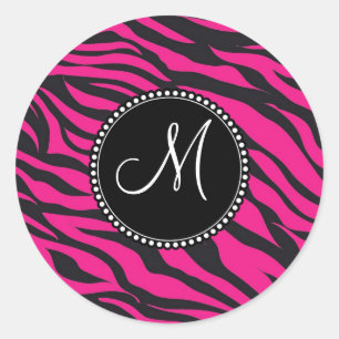 Custom Monogrammed Initial Hot Pink Black Zebra Classic Round Sticker