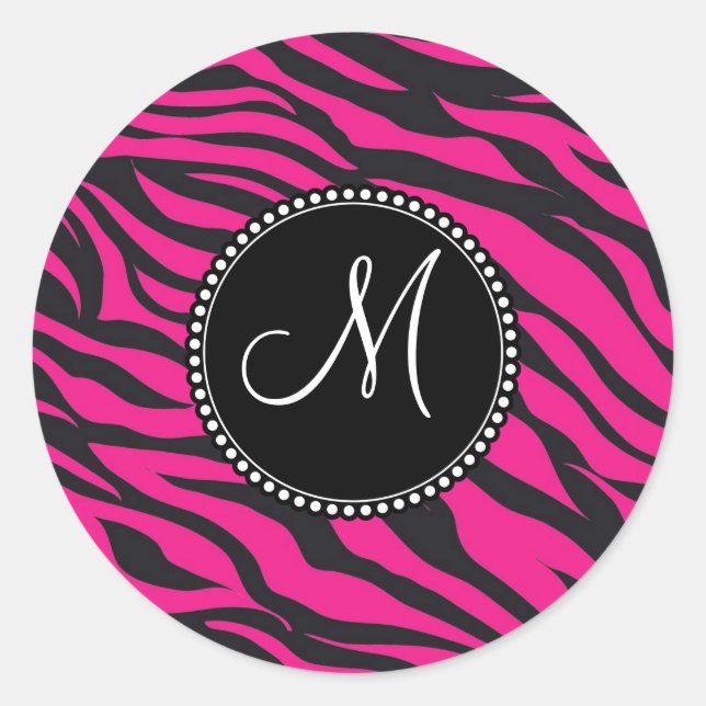 Custom Monogrammed Initial Hot Pink Black Zebra Classic Round Sticker (Front)