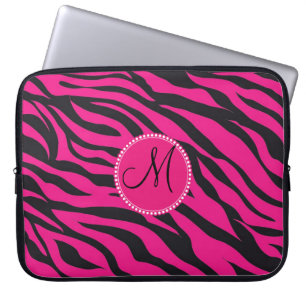 Custom Monogrammed Initial Hot Pink Black Zebra Laptop Sleeve