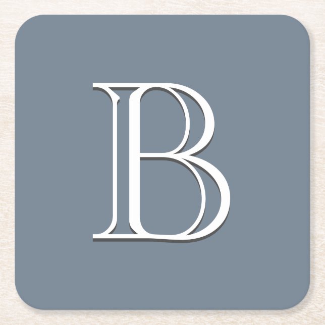 Custom Monogrammed Initial Medium Blue & White Square Paper Coaster (Front)