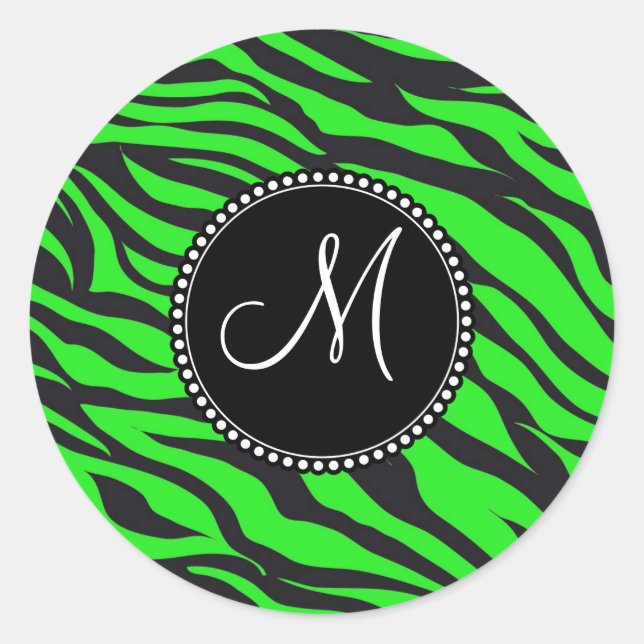 Custom Monogrammed Initial Neon Green Black Zebra Classic Round Sticker (Front)