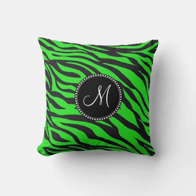 Custom Monogrammed Initial Neon Green Black Zebra Throw Pillow (Front)