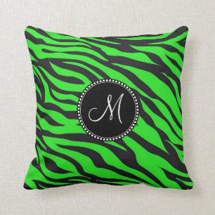 Custom Monogrammed Initial Neon Green Black Zebra Throw Pillow