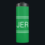 Custom Monogrammed Initials Drink Travel Green   Thermal Tumbler<br><div class="desc">Three Initial Monogrammed thermal tumblers are timeless, classic and stylish. Perfect for hot and cold beverages! Our Unique design is the perfect personalized gift for that special occasion. Shop our integrated collection of coordinating colors and golf - sports accessories. Custom personal monogrammed initials are added to the kelly green background...</div>