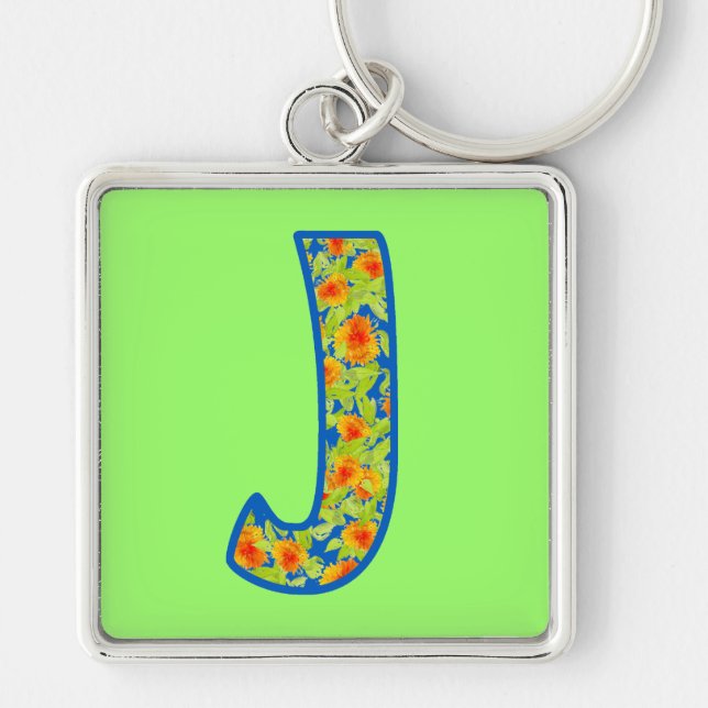 Custom Monogrammed J Keychain, Marigolds Pattern Keychain (Front)