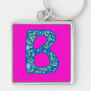 Custom Monogrammed Keychain, Blue Floral Pattern Keychain