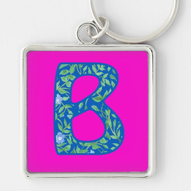 Custom Monogrammed Keychain, Blue Floral Pattern Keychain (Front)