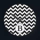 Custom Monogrammed Large Black Chevron Design Round Clock<br><div class="desc">This product features a classic large black and white chevron  zig-zag design with a personalized monogram initial. You can customize the initial or add your own text on the product order page.</div>