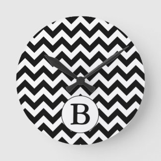 Custom Monogrammed Large Black Chevron Design Round Clock