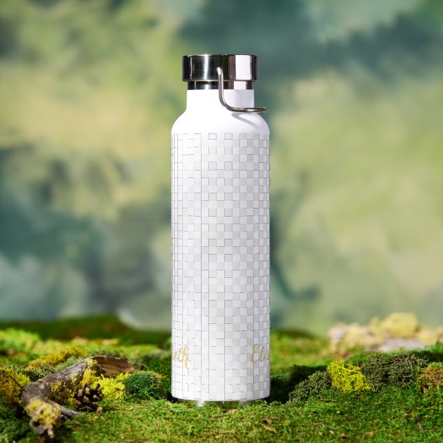 Custom Monogrammed Modern White Chequered Pattern Water Bottle (Outdoor)
