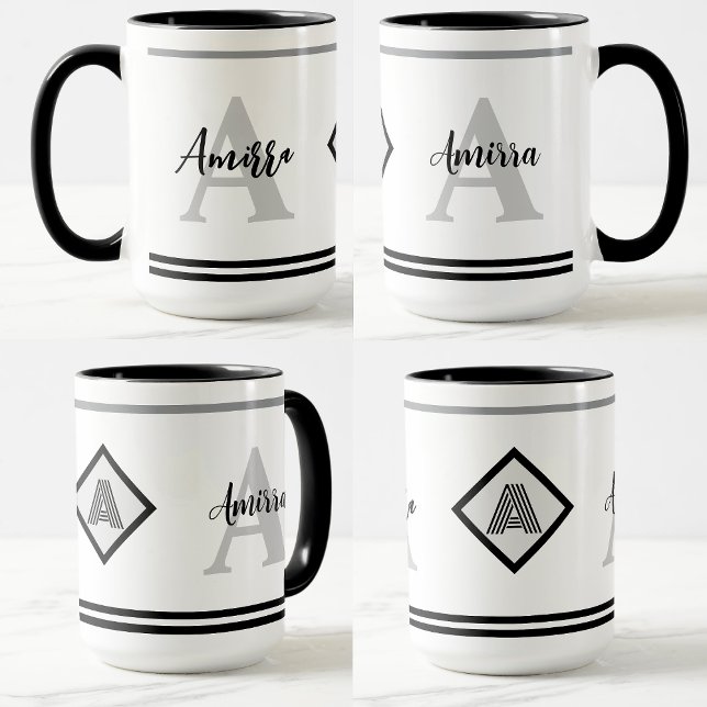 Custom Monogrammed Mug with Name & Initial Gift (Black gray white coffee cup)