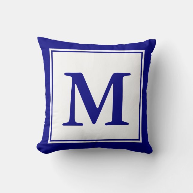 Custom Monogrammed Navy Blue and White Throw Pillow (Front)