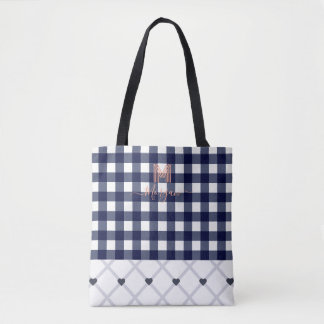 Custom Monogrammed Navy Blue Chequered Tote Bag
