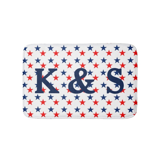Custom Monogrammed Patriotic Red and Blue Stars Bath Mat (Front)