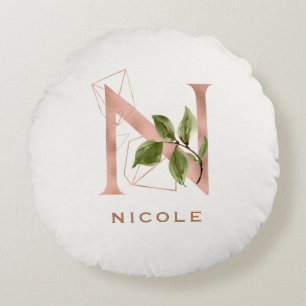 Custom Monogrammed Rose Gold Floral Initial N Round Pillow